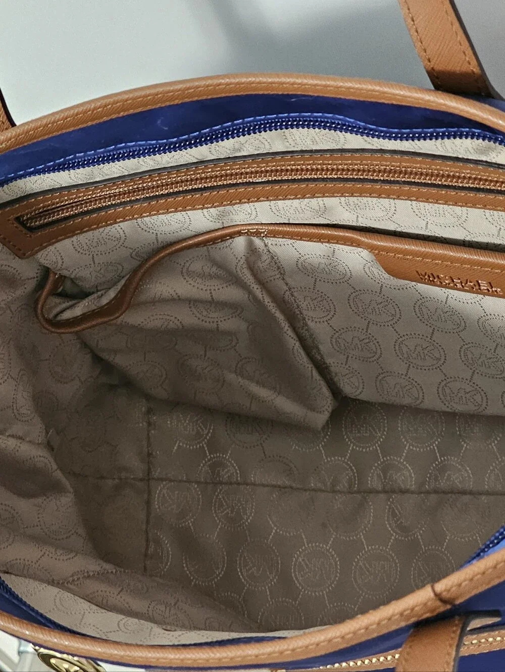 Michael Kors Jet Set Nylon Tote Royal Blue Tan Leather EUC